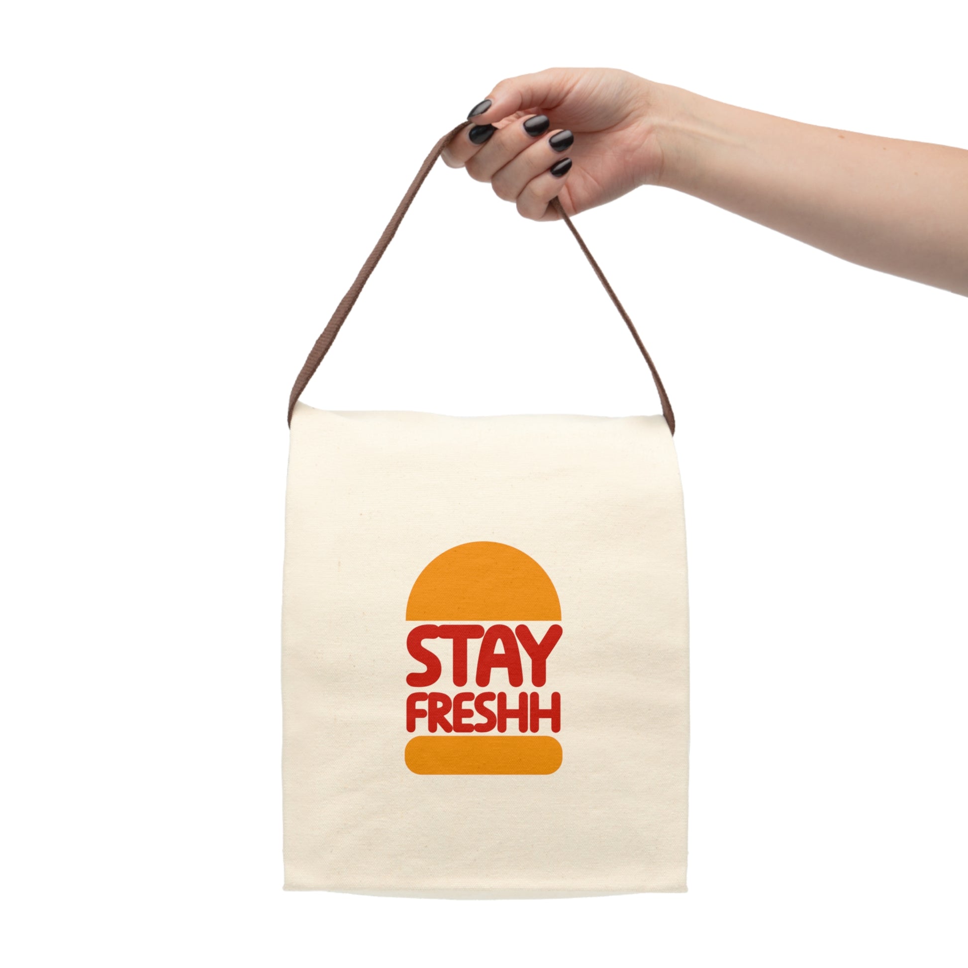 Modern Red & Orange "STAYFRESHH" Canvas Lunch Bag With Strap