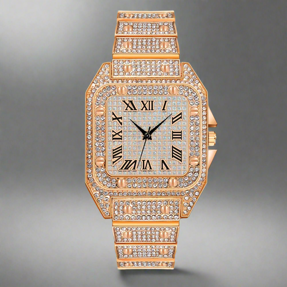 (BULK) Square Roman Numeral Iced Out Watches (10 Units - ROSE GOLD)