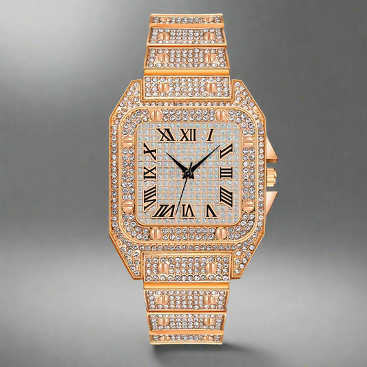 (BULK) Square Roman Numeral Iced Out Watches (10 Units - ROSE GOLD)