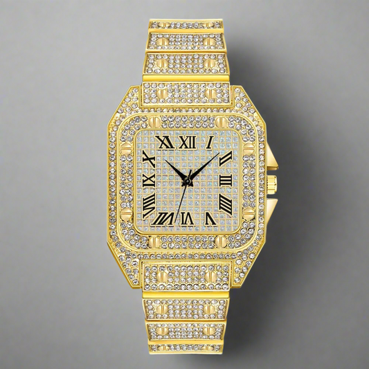 (BULK) Square Roman Numeral Iced Out Watches (10 Units - GOLD)