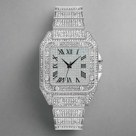 (BULK) Square Roman Numeral Iced Out Watches (10 Units - SILVER)